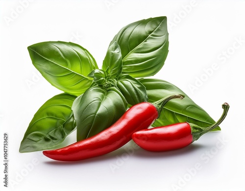 fresh herb basil leaves and red chilli pepper isolated on white background white background and natural transparent shadow ingredient spice for cooking collection for design
