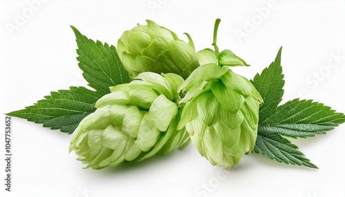 fresh hop seed cones and leaves collection with real transparent shadow isolated on white background food design element