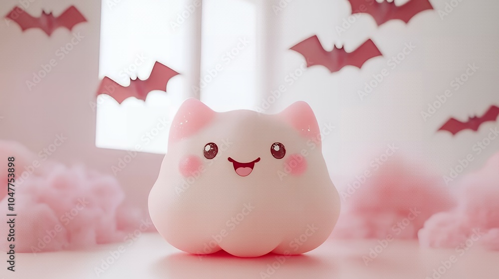 Smiling pink cloud with bats in the background. Smiling pink cloud with bats in the background.