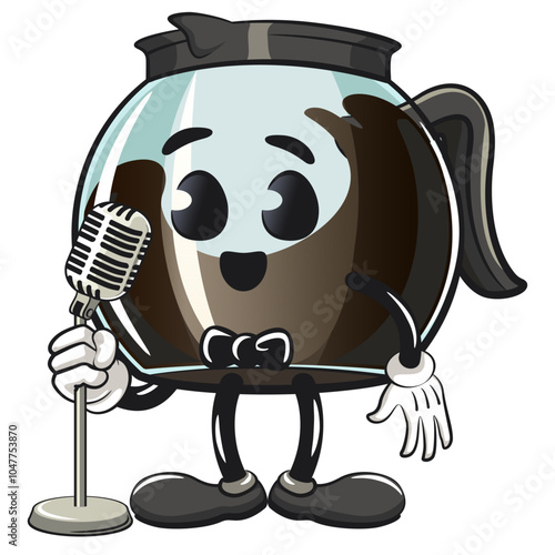 cool glass coffee pot cartoon mascot character vector illustration in front of the mic become a stand up comedian, work of hand drawn