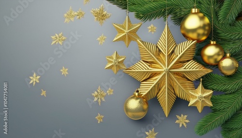golden christmas star balls snowflakes decoration on pine twigs isolated placable 3d cad rendering