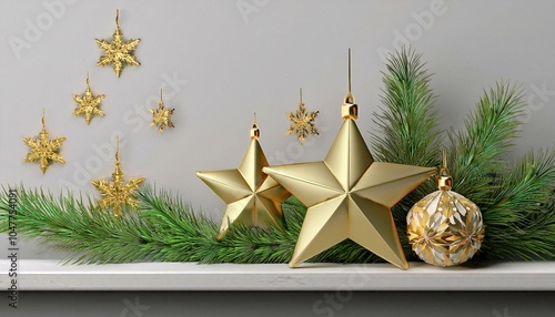 golden christmas star balls snowflakes decoration on pine twigs placed frontal on white shelf isolated placable 3d cad rendering photo