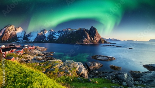 green northern lights over coastal mountain landscape lofoten lofoten and vesteral islands nordland norway photo