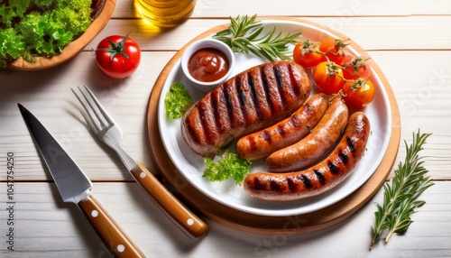 grilled beef meat sousage on white wooden plate with herbs and fresh vegetables sunny day barbeque indgridients on a table top view photo