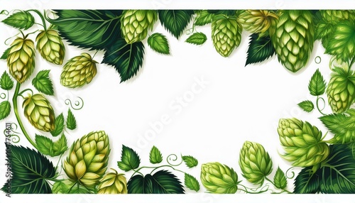 juice brewing frame border fresh hop seed cones and leaves collection with real transparent shadow isolated on white background food design element