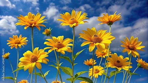 Symmetrical composition of yellow heliopsis flowers against a blue sky photo