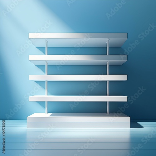 modern display shelve glossy white with sky blue background and drop shadow 3d cad rendering no ai ki