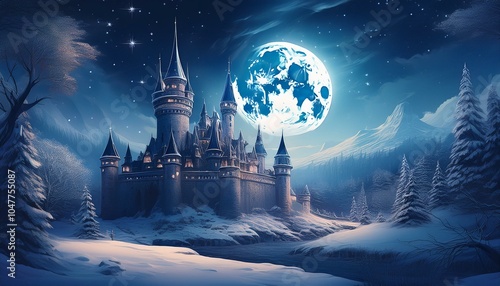 mystical castle under a winter moonlit sky