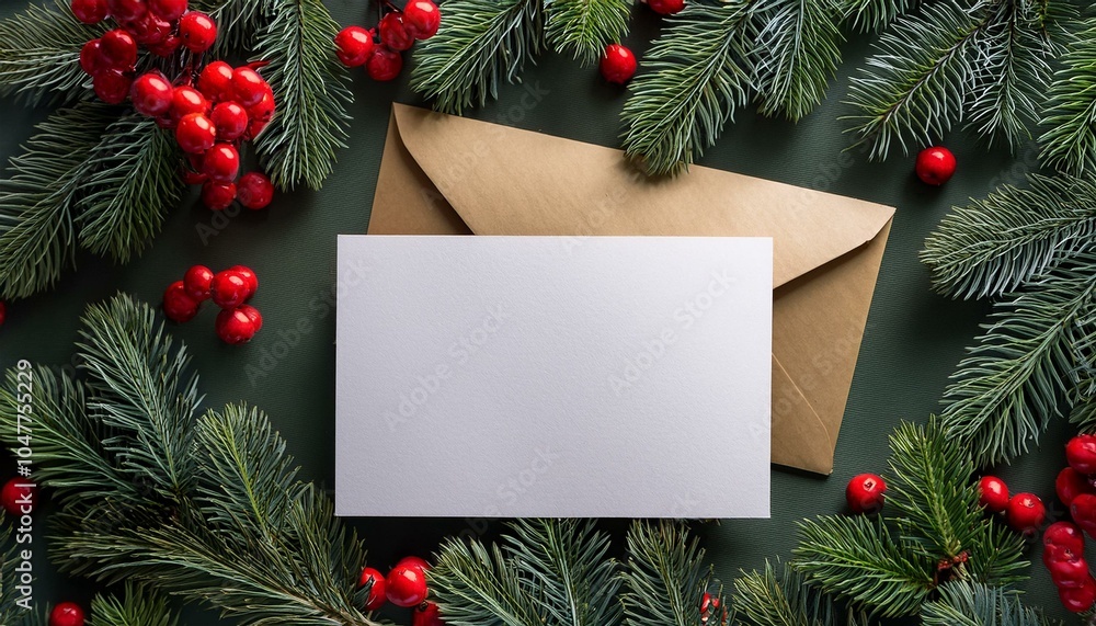 overhead view of a blank card and envelope on fir branches and berries overhead view of a blank card and envelope on fir branches and berries