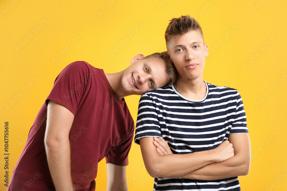 Portrait of happy brothers on orange background Portrait of happy brothers on orange background