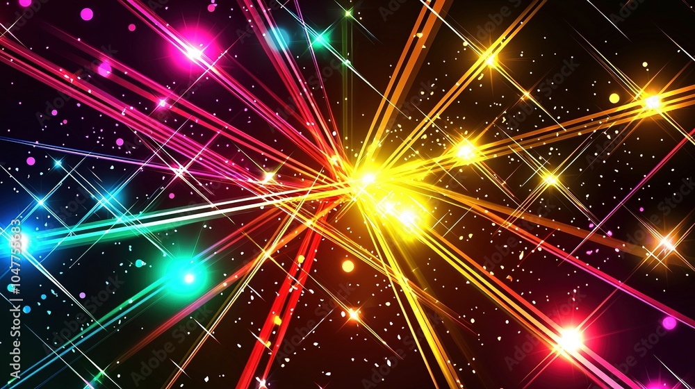 Colorful light beams and sparkling stars create a vibrant cosmic atmosphere during a nighttime celebration Colorful light beams and sparkling stars create a vibrant cosmic atmosphere during a nighttime celebration