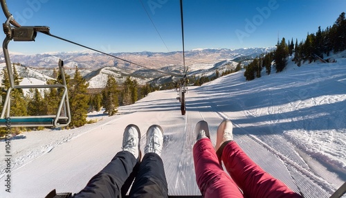 personal perspective view of two women s legs outstretched on a ski lift sundance utah usa photo