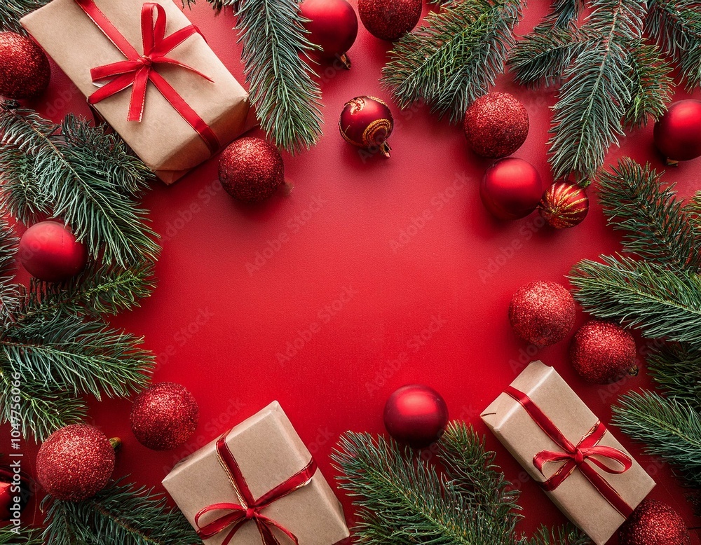 red christmas background with fir ornaments and holiday gifts red christmas background with fir ornaments and holiday gifts