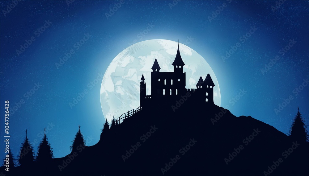 Fototapeta premium silhouette of a castle on a hilltop under a full moon