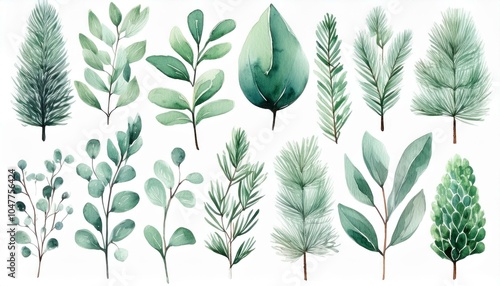 set of various watercolor winter greenery leaves fir branches eucalyptus pine twigs illustration isolated on white background