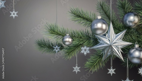 silver christmas star balls snowflakes decoration on pine twigs isolated placable 3d cad rendering photo