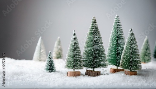 stylish little christmas trees on white snow background merry christmas and happy holidays minimalist festive christmas scene miniature snowy forest photo