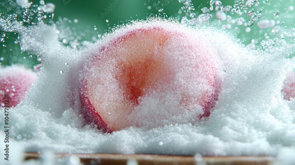 Fototapeta premium A halved red plum splashing into a bath of white sugar, creating a cloud of white foam.