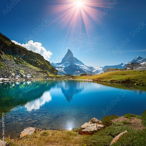 the blue lake and the matterhorn in a scenic summer landscape with sunny lights seen from breuil cervinia aosta valley italy photo