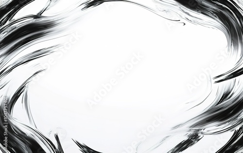 Abstract black and white swirling brush strokes creating an empty center space for artistic expression and design