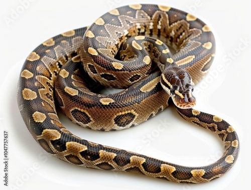 This Black headed Python is coiled gracefully against a white background highlighting its dark head and striking body pattern illuminating the beauty of reptiles in macro detail.