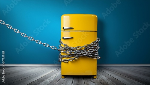 yellow refrigerator wrapped in chains diet concept
