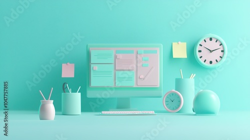 A vibrant workspace featuring mint green elements, a computer, and minimalistic desk accessories for an organized aesthetic