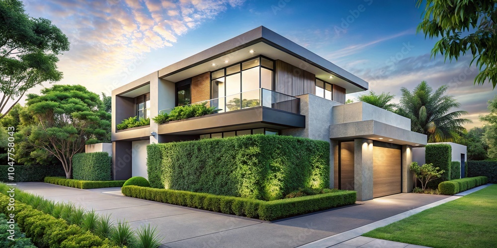 Fototapeta premium Symmetrical contemporary house on corner lot with lush foliage
