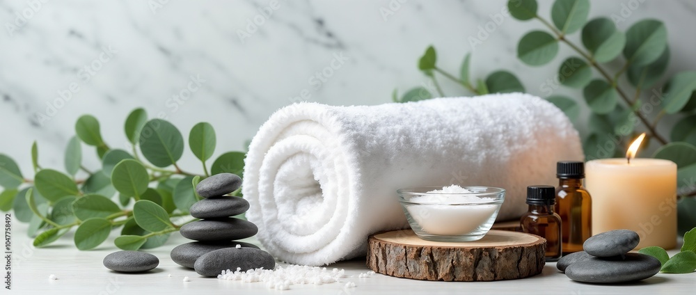 A serene spa setup with a white towel, smooth stones, essential oils, and a candle, surrounded by green leaves. Perfect for promoting relaxation and wellness in a calm environment.
A serene spa setup with a white towel, smooth stones, essential oils, and a candle, surrounded by green leaves. Perfect for promoting relaxation and wellness in a calm environment.