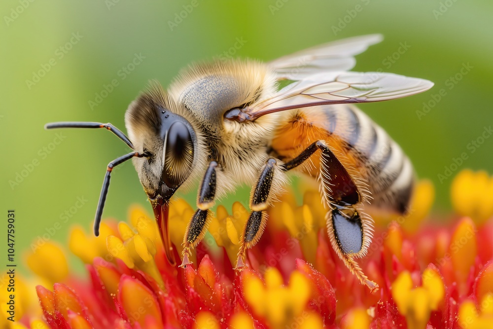 A Honeybee Collecting Nectar From Vibrant Red and Yellow Flowers in a Lush Garden Setting A Honeybee Collecting Nectar From Vibrant Red and Yellow Flowers in a Lush Garden Setting