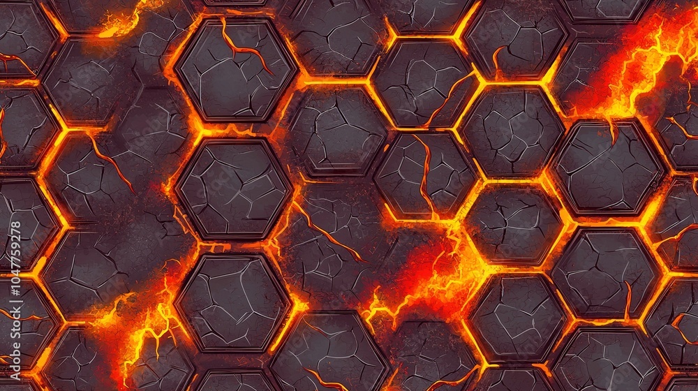 Hexagonal pattern with glowing lava cracks and dark stone background creates a dramatic visual of volcanic activity and heat Hexagonal pattern with glowing lava cracks and dark stone background creates a dramatic visual of volcanic activity and heat