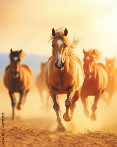 Herd of Wild Horses Galloping Through a Dusty Landscape at Sunset