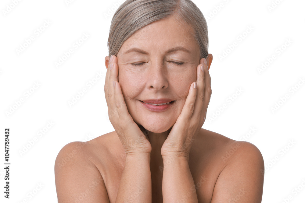 Face massage. Beautiful woman with healthy skin on white background Face massage. Beautiful woman with healthy skin on white background