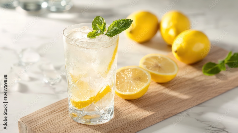 A refreshing mocktail with lemons and ice, elegantly displayed on a wooden board. Space for additional elements. A refreshing mocktail with lemons and ice, elegantly displayed on a wooden board. Space for additional elements.