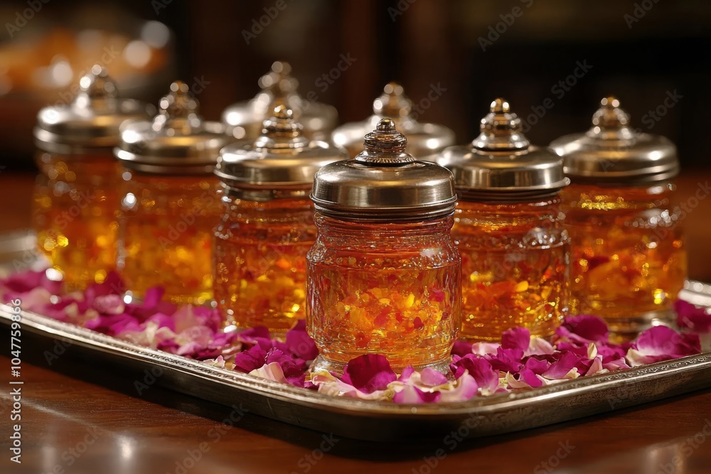 Ornate Glass Jars with Amber Hue Elixirs on Petal-Adorned Silver Tray Ornate Glass Jars with Amber Hue Elixirs on Petal-Adorned Silver Tray