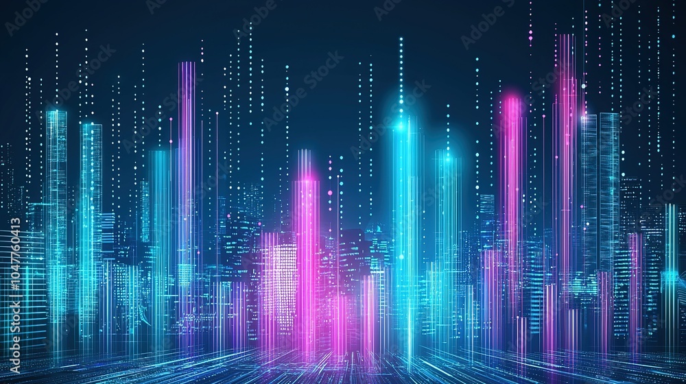 A vibrant digital cityscape at night with colorful neon lights and data streams projected across a dark background A vibrant digital cityscape at night with colorful neon lights and data streams projected across a dark background