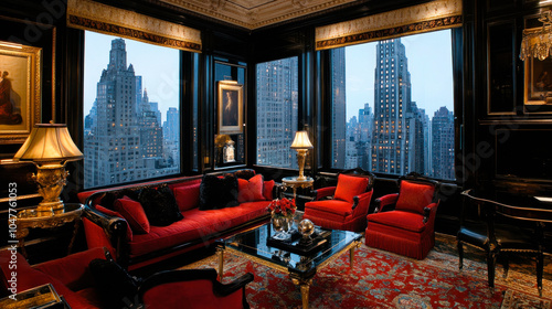 Living room of presidential suite in expensive hotel with panoramic windows and city view photo