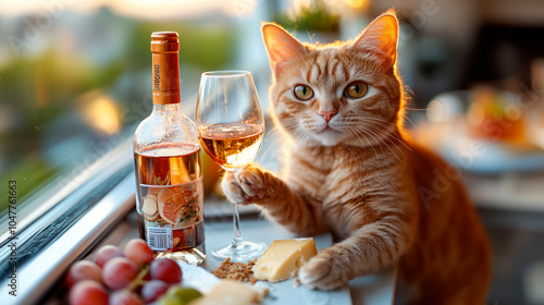 Cat having meal of wine and cheese near the window photo