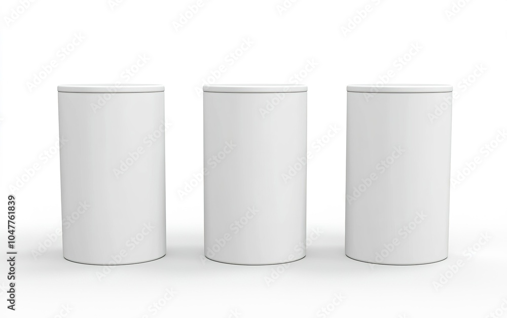 Simple and modern cylindrical storage containers arranged in a row on a clean, minimalist background Simple and modern cylindrical storage containers arranged in a row on a clean, minimalist background