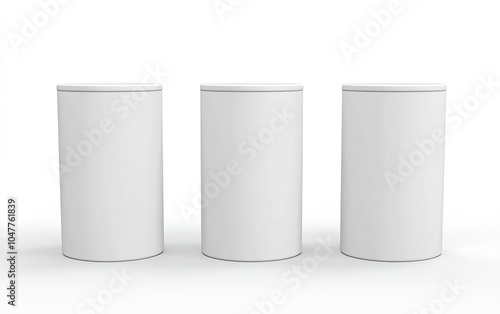 Simple and modern cylindrical storage containers arranged in a row on a clean, minimalist background