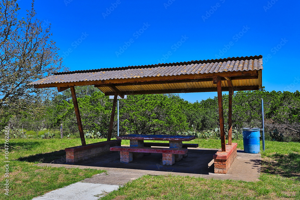 An old picnic area along the roadway in the Texas Hill Country makes for a welcome sight, to stop and take a break on those long drives. An old picnic area along the roadway in the Texas Hill Country makes for a welcome sight, to stop and take a break on those long drives.