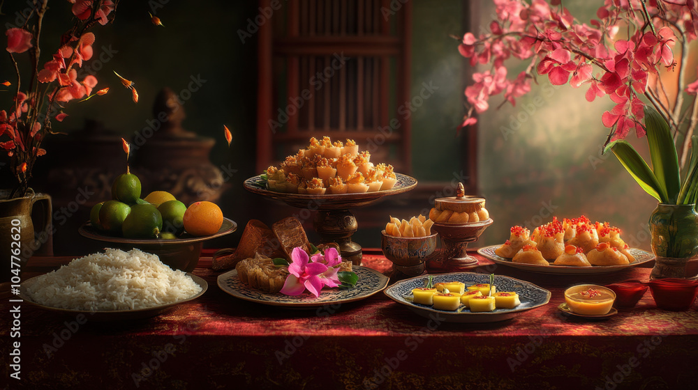 Naklejka premium vibrant display of traditional food featuring rice, fruits, and various delicacies, beautifully arranged with floral accents. scene evokes sense of celebration and cultural richness