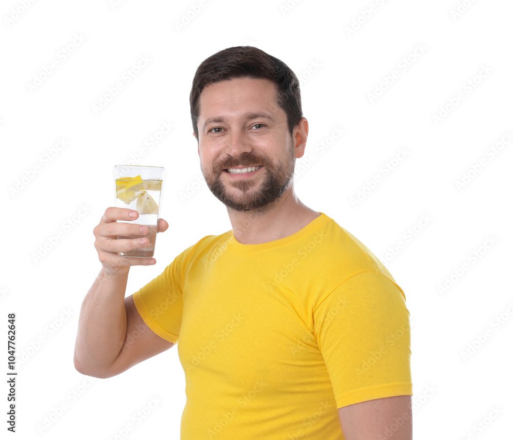 Happy man holding glass of water with lemon on white background Happy man holding glass of water with lemon on white background
