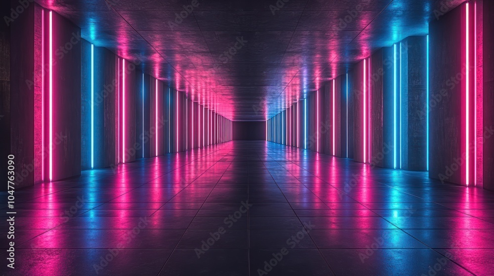 A long, empty corridor lined with vibrant neon lights. A long, empty corridor lined with vibrant neon lights.
