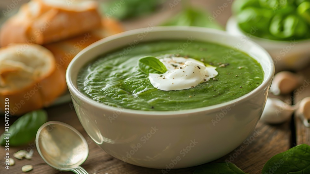 Indulgent Spinach Soup: Creamy Delight in Classic Bowl with Fresh Bread Rolls Indulgent Spinach Soup: Creamy Delight in Classic Bowl with Fresh Bread Rolls