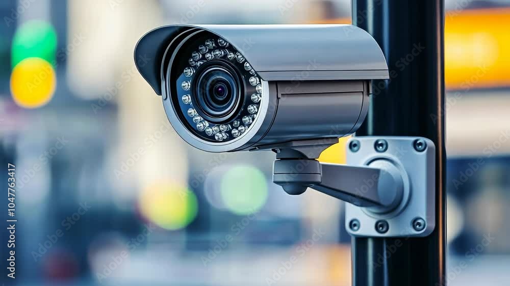 A security camera is mounted on a pole in a city street