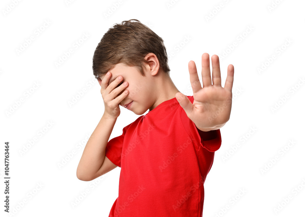 Scared little boy covering eyes on white background Scared little boy covering eyes on white background