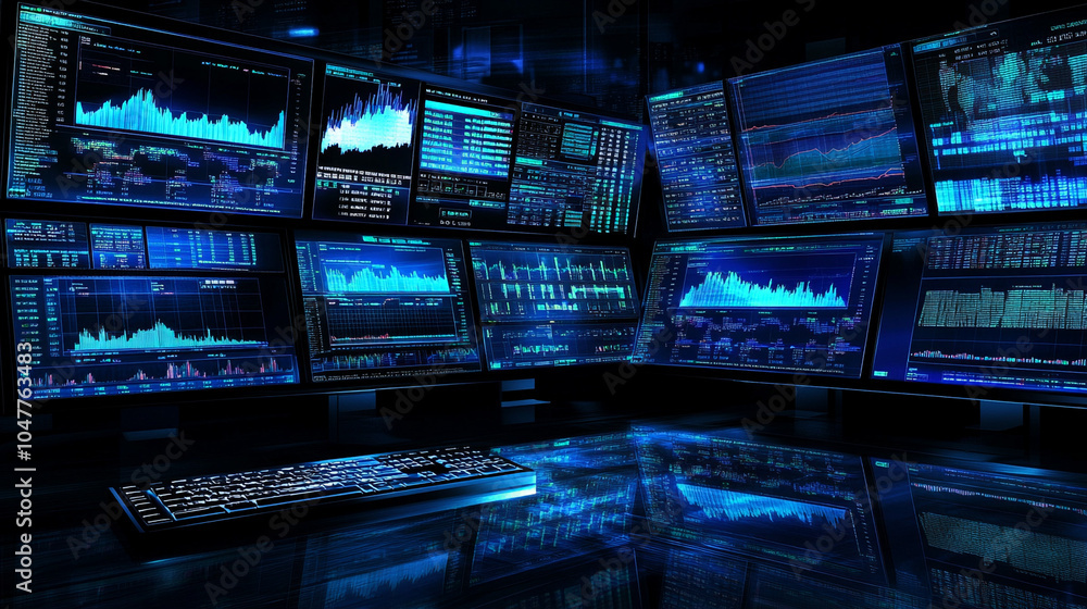 Obraz premium Financial Data Analysis Multiple Monitors Stock Market Data Visualization Charts Grap