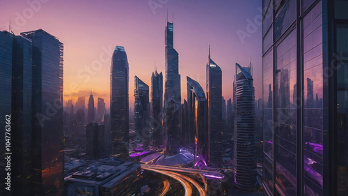  futuristic image of a modern city skyline with sleek, glass skyscrapers and flying cars zooming between them. The sky blend of purple and orange as the sun sets, casting a glow on the futuristic city