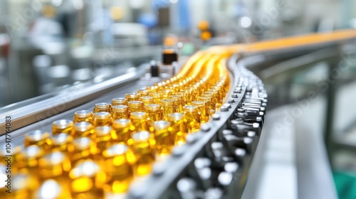 Wallpaper Mural A conveyor belt carrying rows of amber-colored glass bottles with caps, moving through a modern factory or pharmaceutical facility. Torontodigital.ca